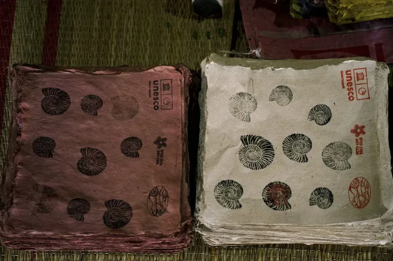 Coloured sheets of handmade paper with printed motifs in Dìa Trên.
